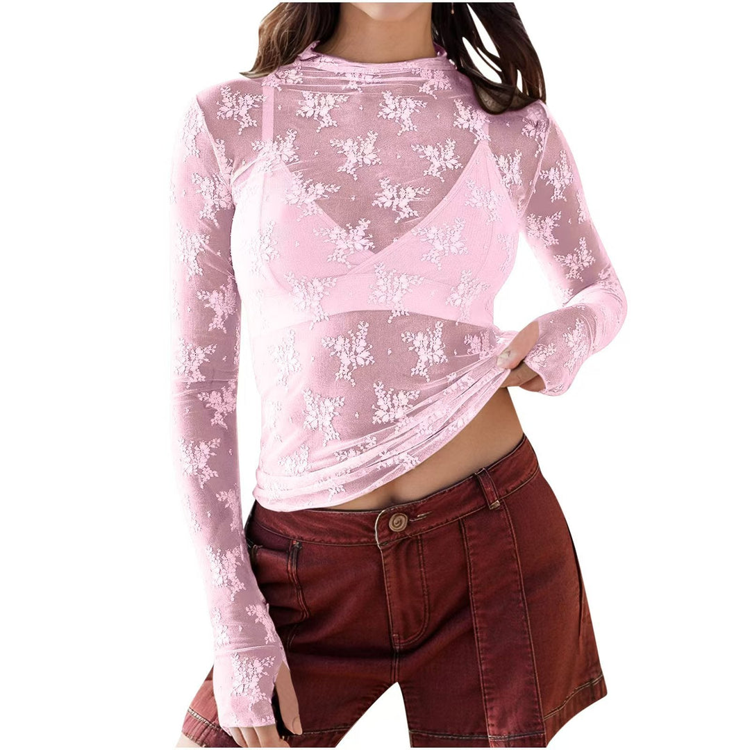 Novy™ | Lace mesh lange mouwen fitted blouse