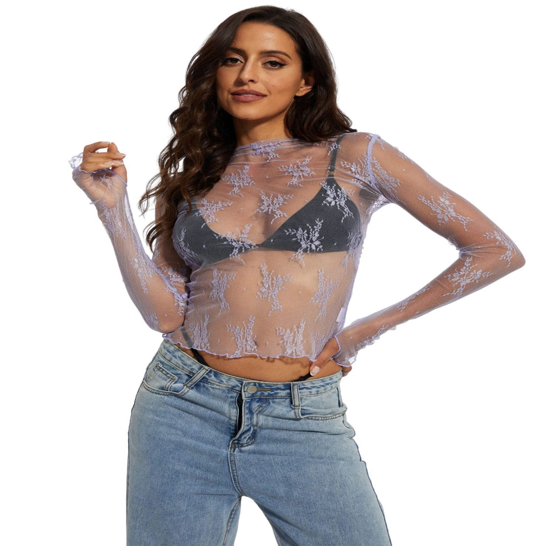 Novy™ | Lace mesh lange mouwen fitted blouse