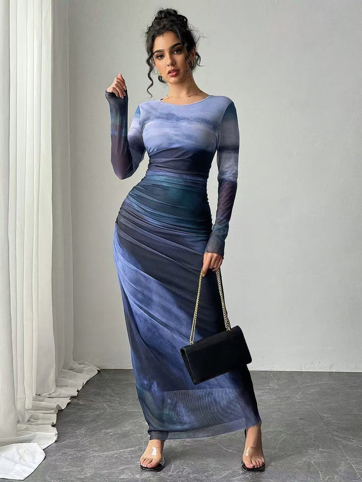 Julia™ | Comfy met print lange mouwen ronde hals bodycon maxi jurk
