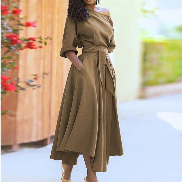 Zeby™ | Elegante dames belted bishop sleeve boat neck a-line jurk
