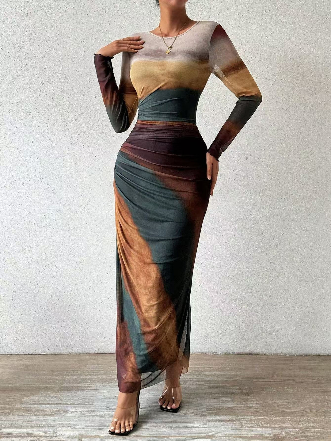Torina™ | Comfy met print lange mouwen ronde hals bodycon maxi jurk