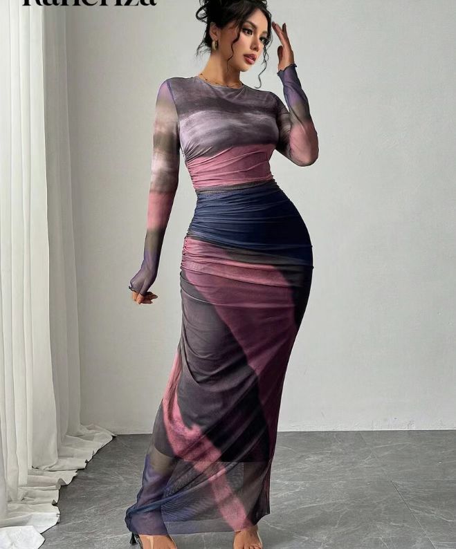 Torina™ | Comfy met print lange mouwen ronde hals bodycon maxi jurk