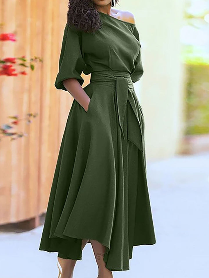Zeby™ | Elegante dames belted bishop sleeve boat neck a-line jurk