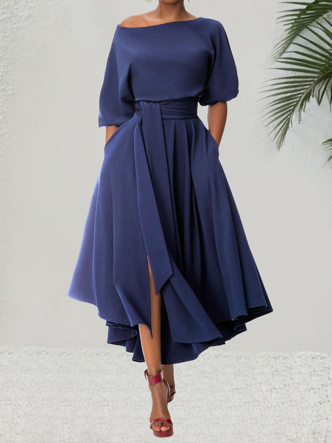 Zeby™ | Elegante dames belted bishop sleeve boat neck a-line jurk