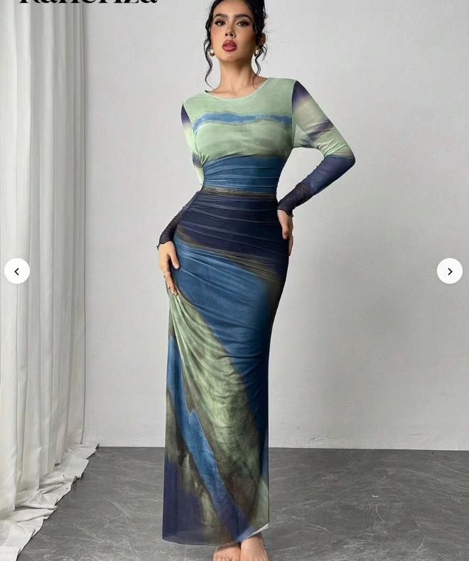Julia™ | Comfy met print lange mouwen ronde hals bodycon maxi jurk