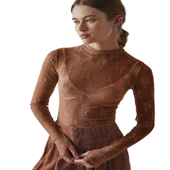 Novy™ | Lace mesh lange mouwen fitted blouse