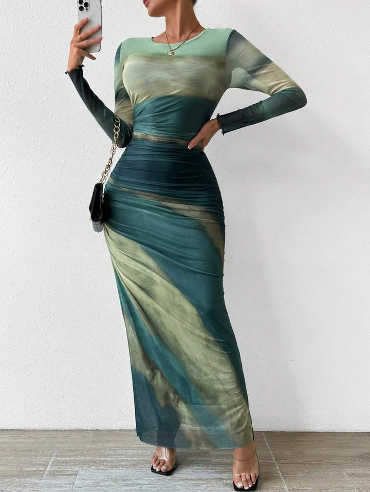 Torina™ | Comfy met print lange mouwen ronde hals bodycon maxi jurk