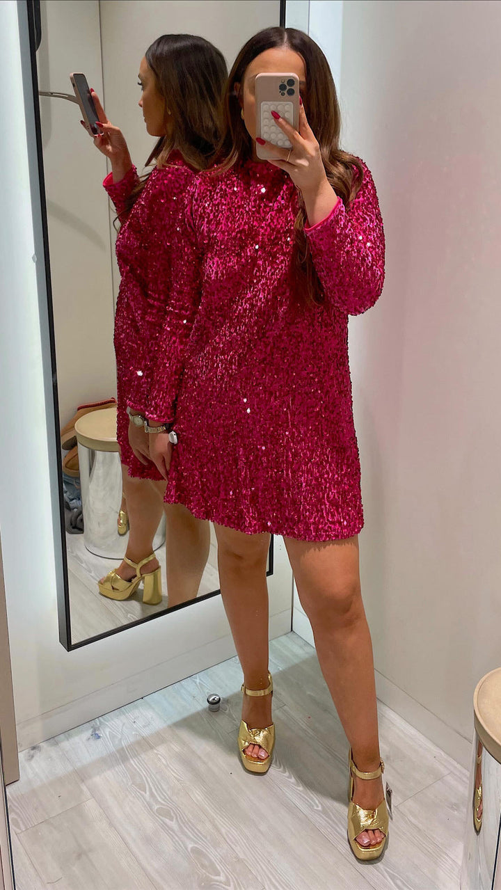 Bonnie™ | Elegante sequin jurk with fitted ronde hals & long sleeves