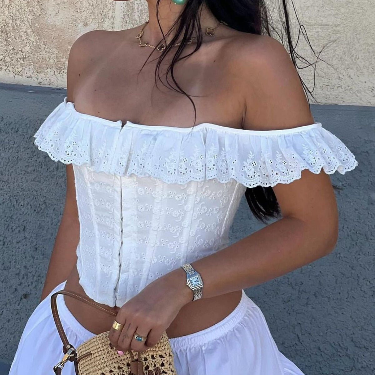 Fanella™ | Vintage eyelet corset square neck top