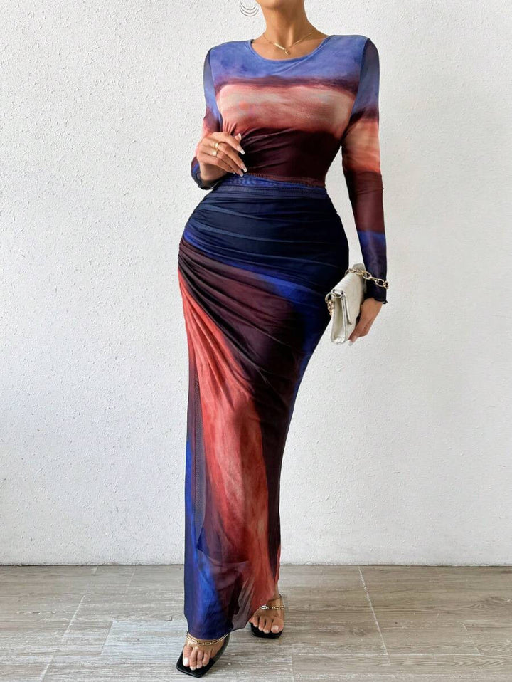 Torina™ | Comfy met print lange mouwen ronde hals bodycon maxi jurk