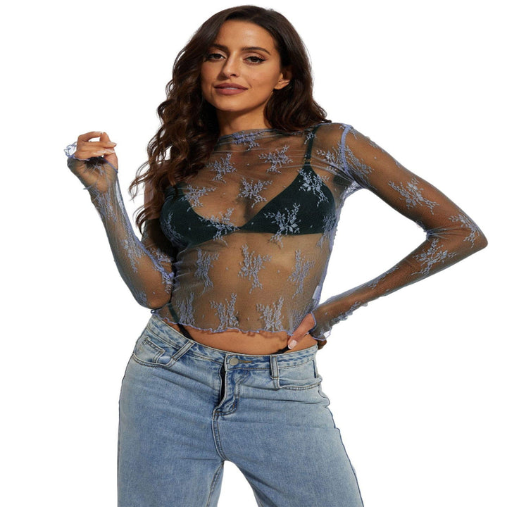 Novy™ | Lace mesh lange mouwen fitted blouse
