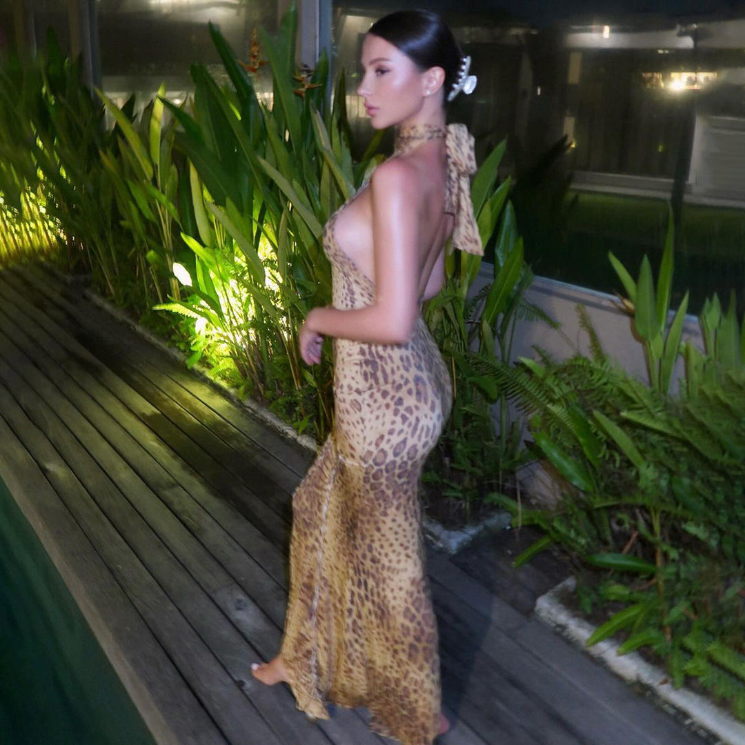 Sabina™ | Graceful leopard backless zonder mouwen maxi jurk