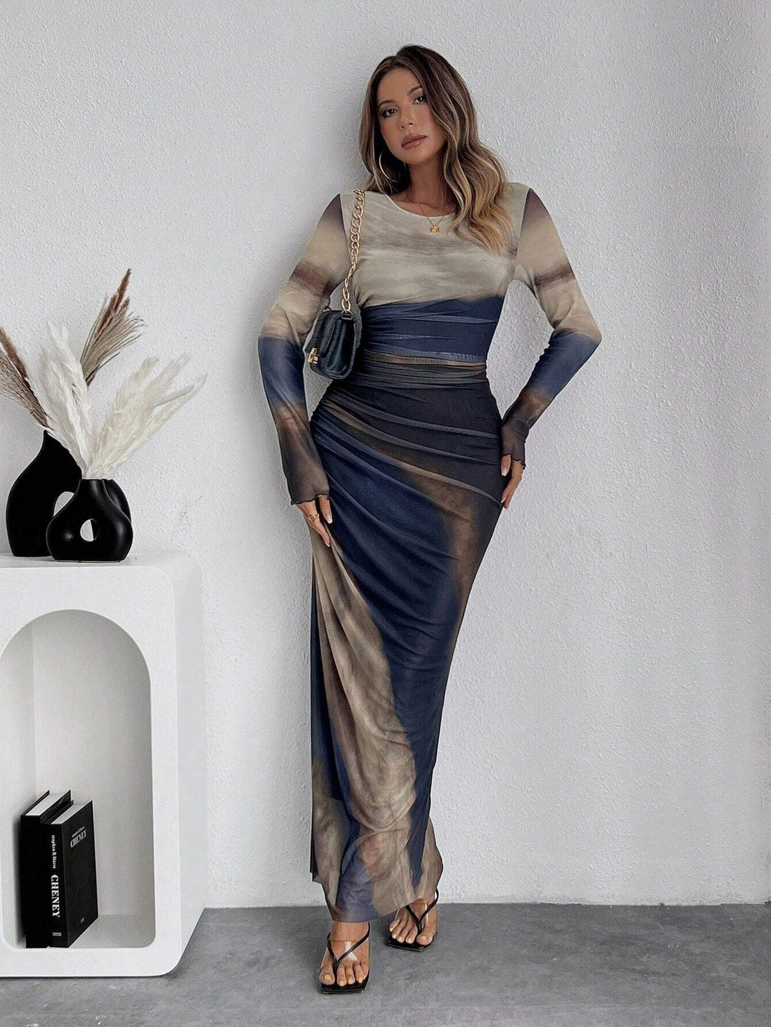 Torina™ | Comfy met print lange mouwen ronde hals bodycon maxi jurk