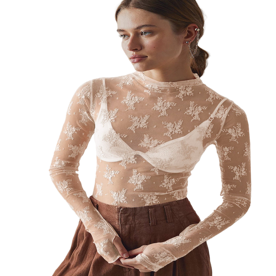 Novy™ | Lace mesh lange mouwen fitted blouse
