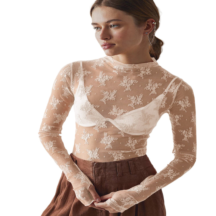 Novy™ | Lace mesh lange mouwen fitted blouse