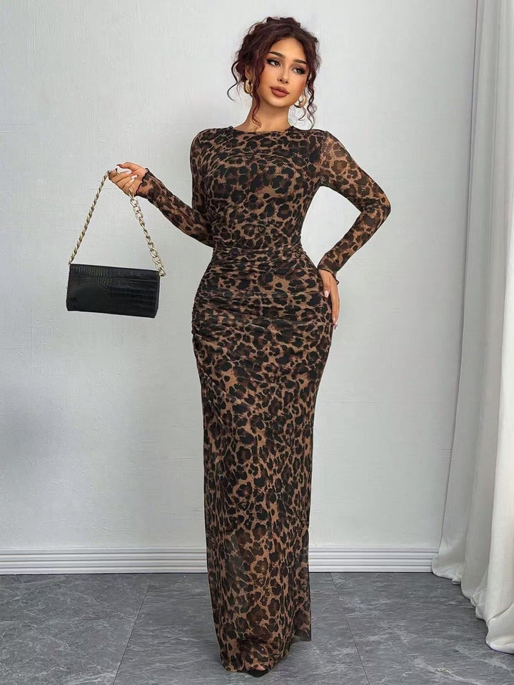 Torina™ | Comfy met print lange mouwen ronde hals bodycon maxi jurk