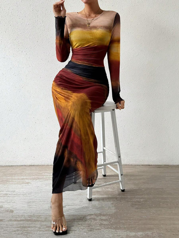 Torina™ | Comfy met print lange mouwen ronde hals bodycon maxi jurk