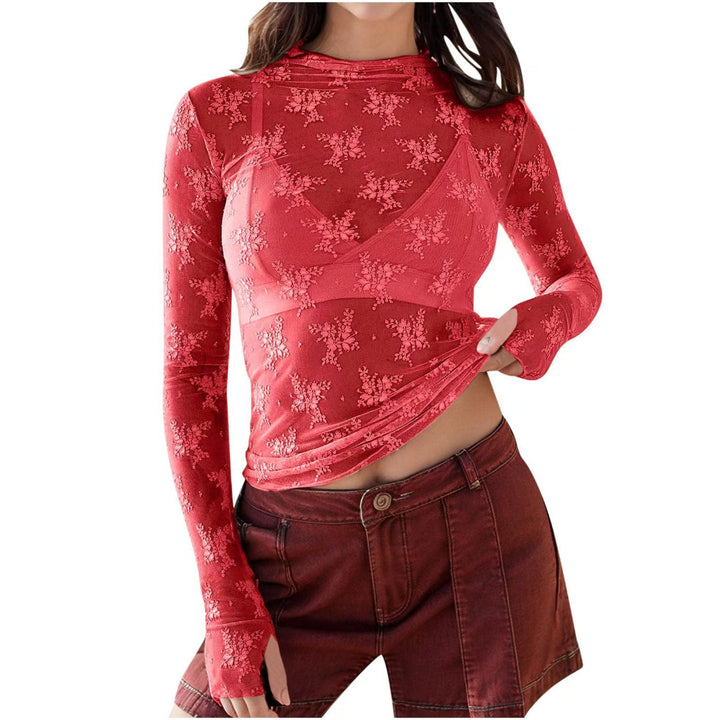 Novy™ | Lace mesh lange mouwen fitted blouse