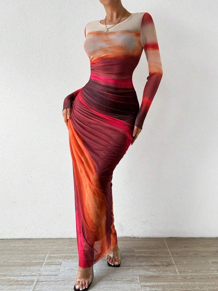Torina™ | Comfy met print lange mouwen ronde hals bodycon maxi jurk