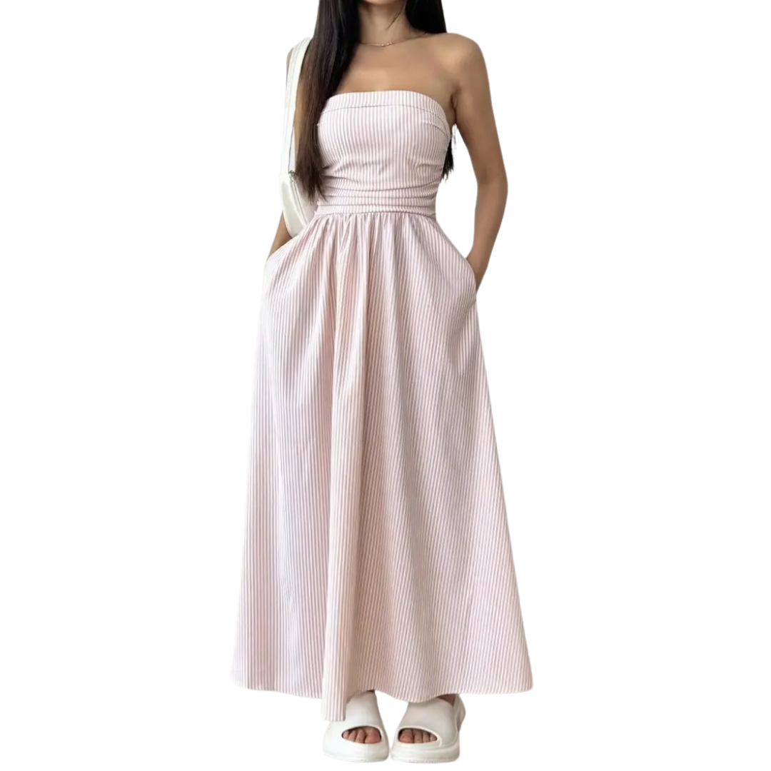 Zelda™ | Gestreepte strapless pocket maxi jurk