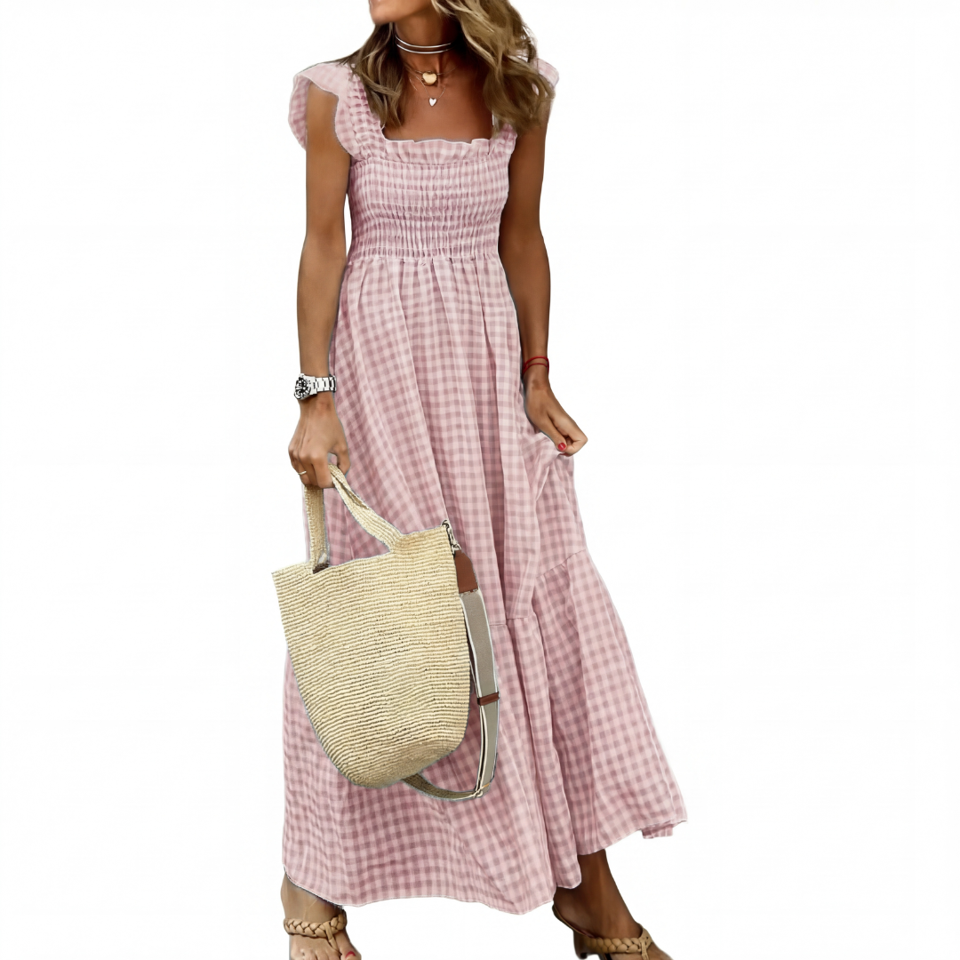 Corinna™ | Patchwork plaid flared midi jurk