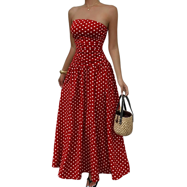 Odette™ | Polka dot strapless maxi jurk