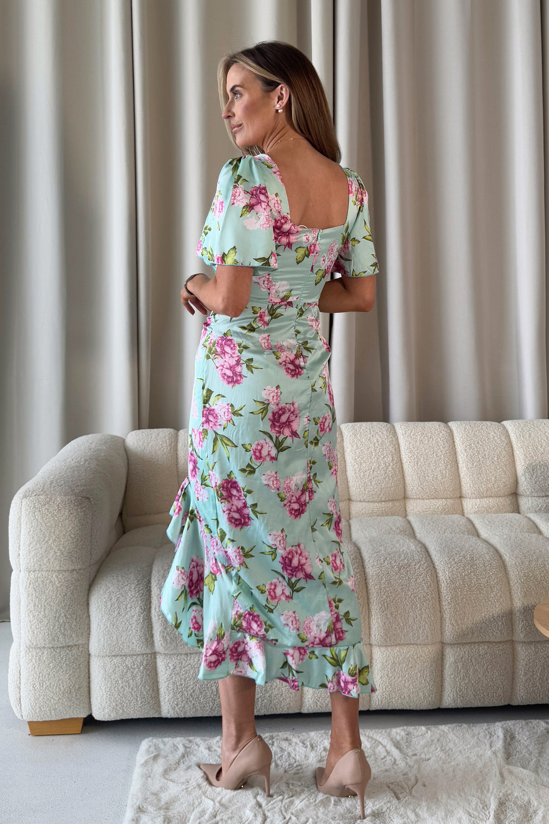 Heidi | Groene gerimpelde midi jurk met bloemenprint