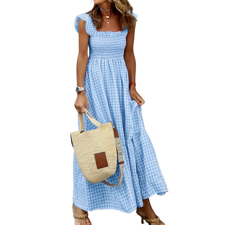 Corinna™ | Patchwork plaid flared midi jurk