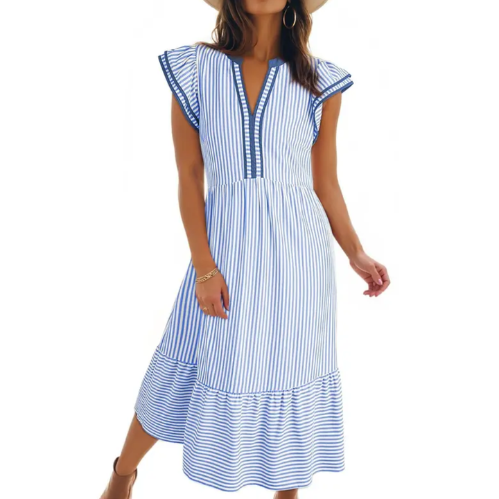 Blythe™ | Gestreepte ruffle cap sleeve midi jurk