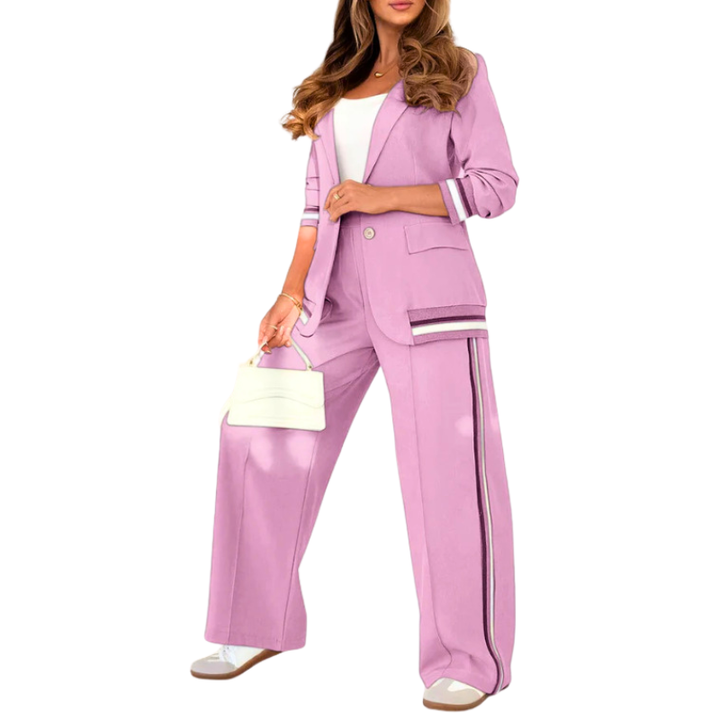 Suzette™ | Elegante patchwork lapel neck top and elastic waist trouser set
