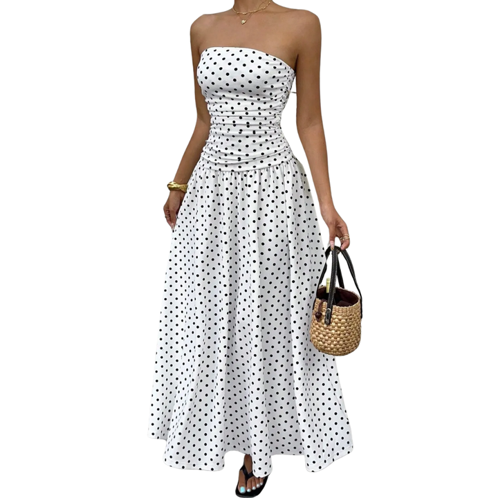 Odette™ | Polka dot strapless maxi jurk