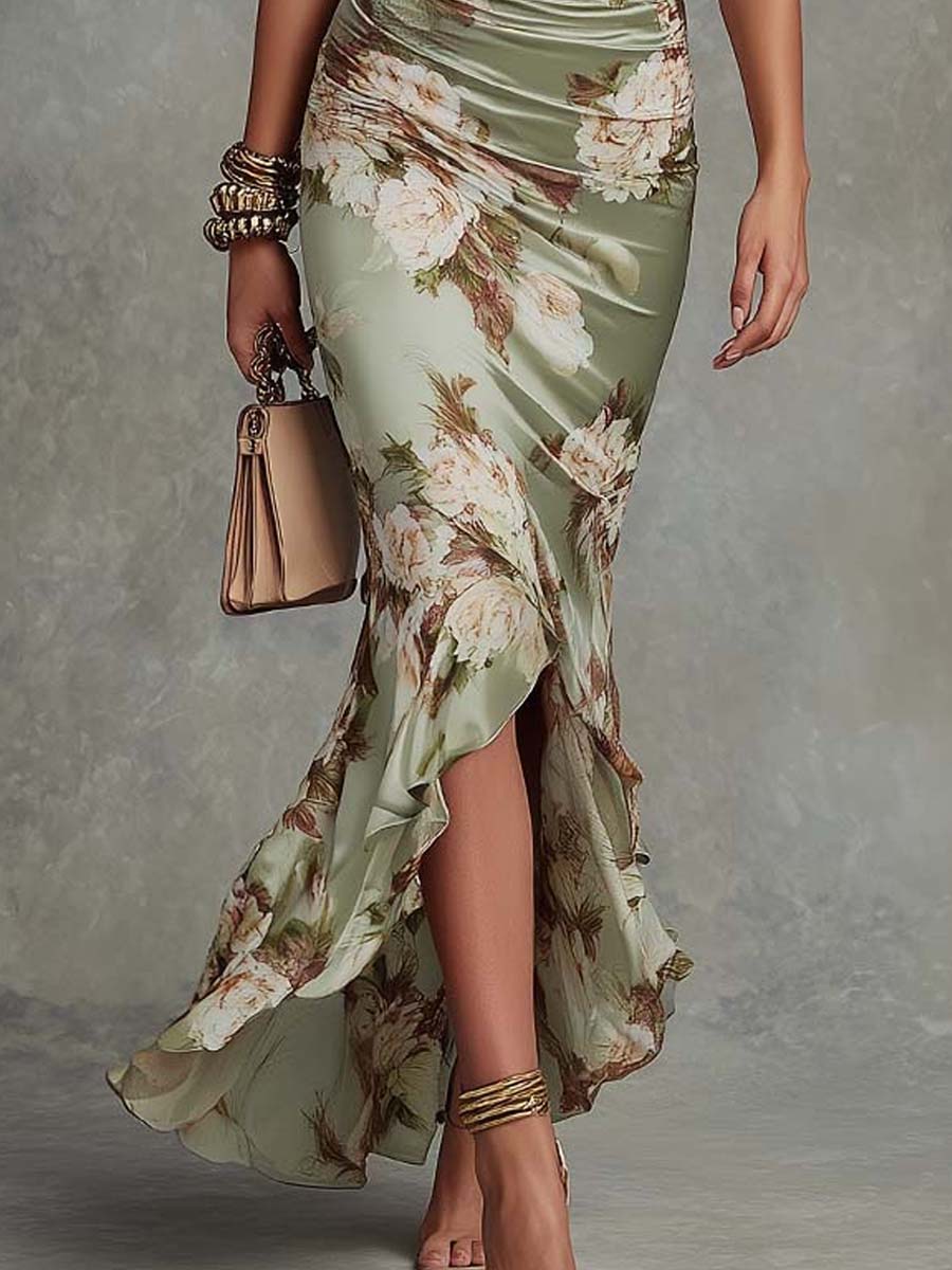 Anastasia | Asymmetrical long green satin jurk