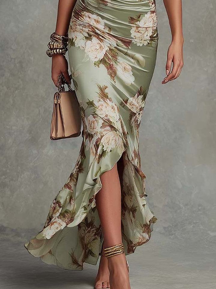 Anastasia | Asymmetrical long green satin jurk
