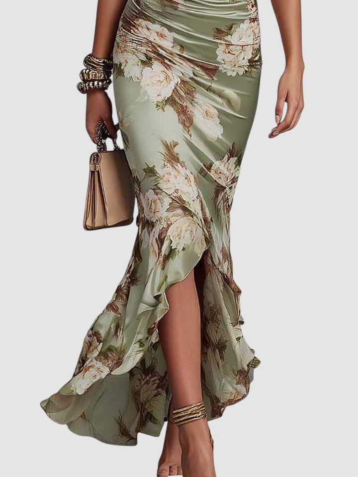 Valentina | Satijnen midi jurk met bloemenprint