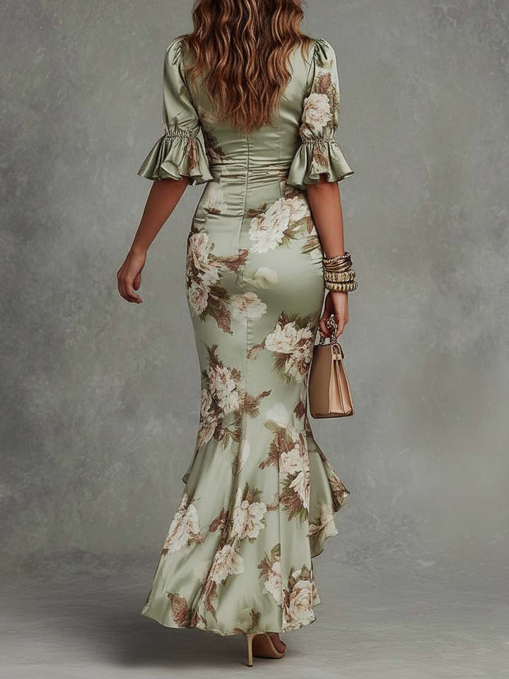 Anastasia | Asymmetrical long green satin jurk