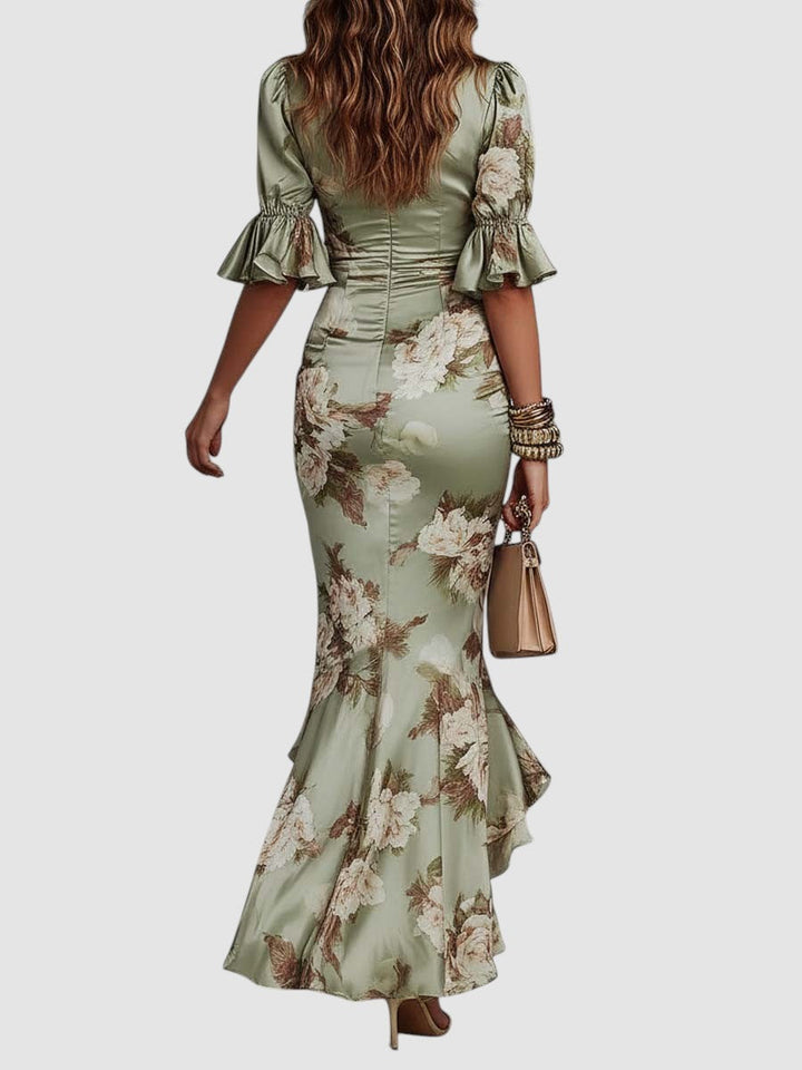 Valentina | Satijnen midi jurk met bloemenprint