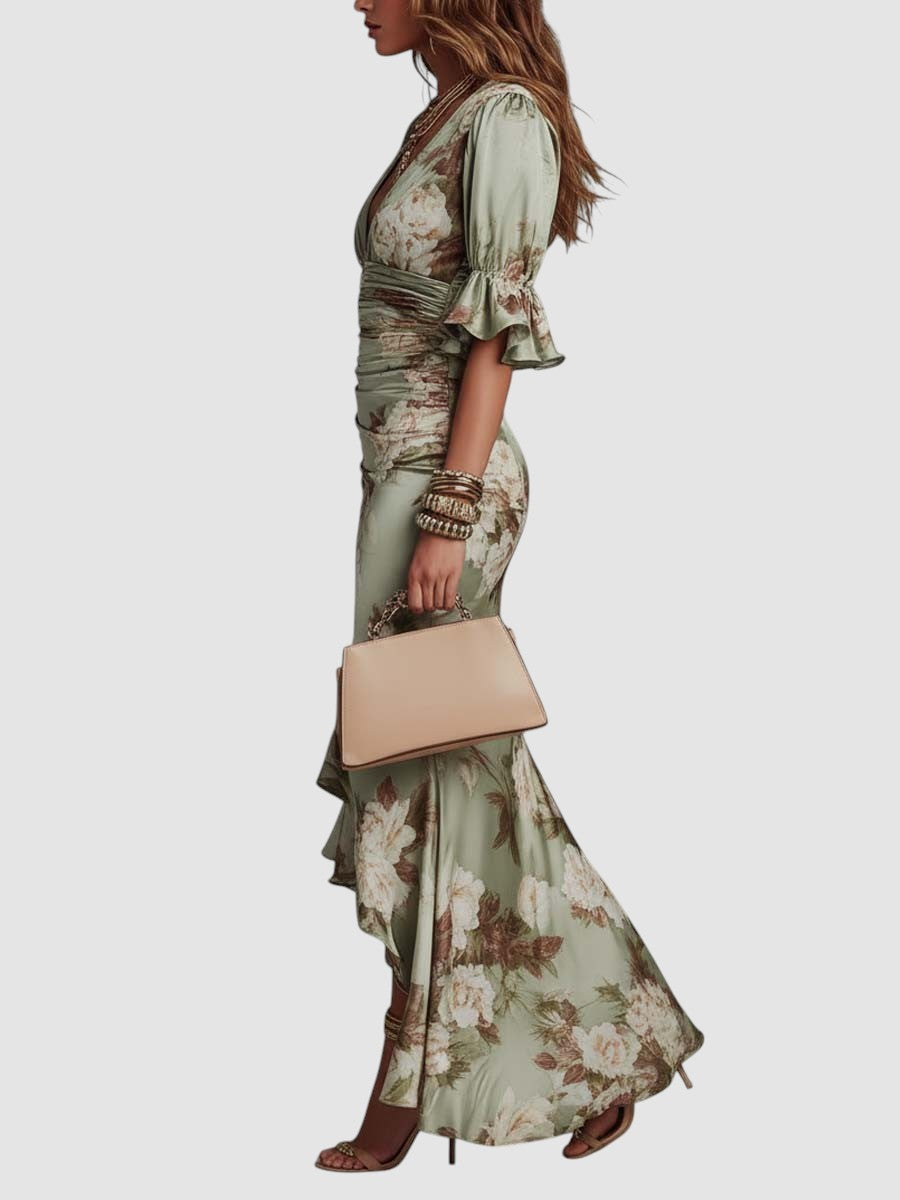 Valentina | Satijnen midi jurk met bloemenprint