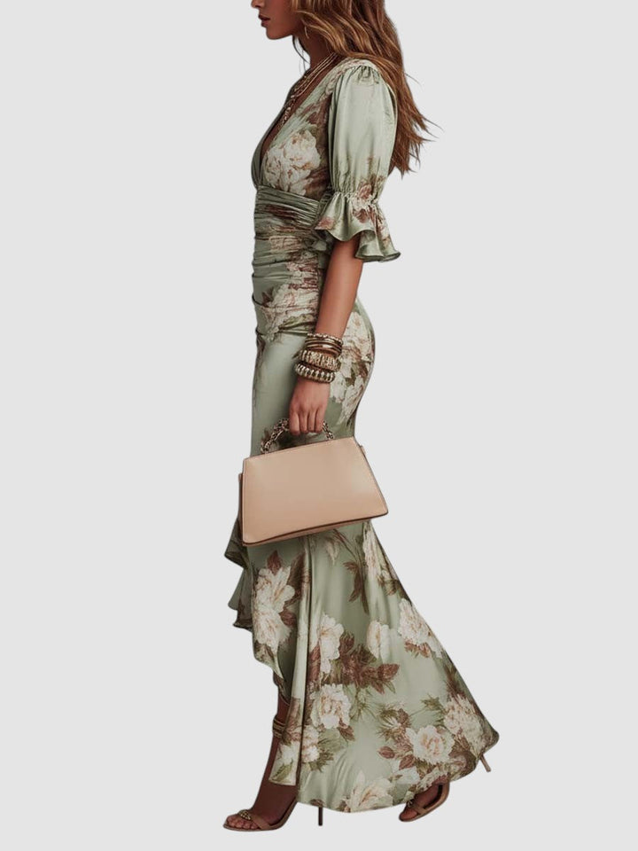 Valentina | Satijnen midi jurk met bloemenprint
