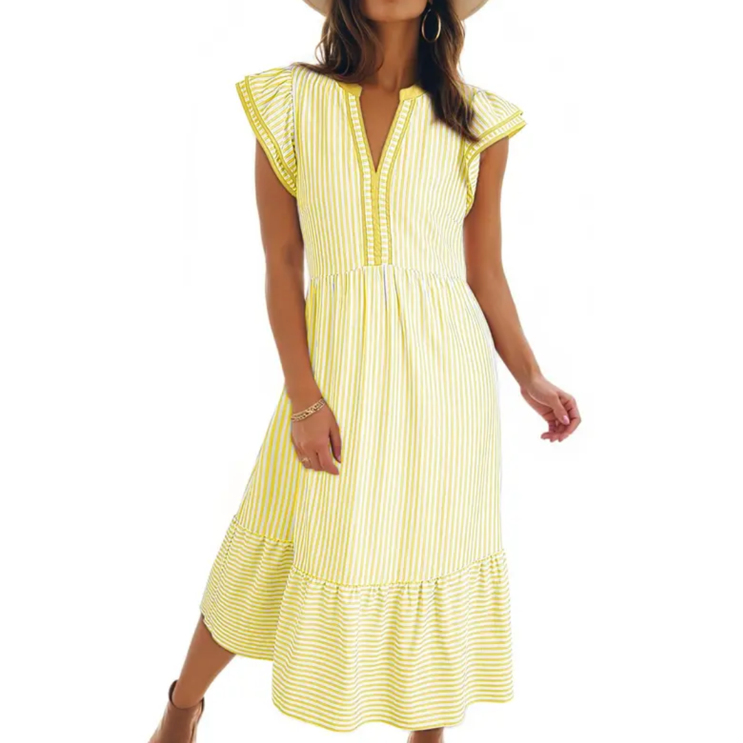 Blythe™ | Gestreepte ruffle cap sleeve midi jurk