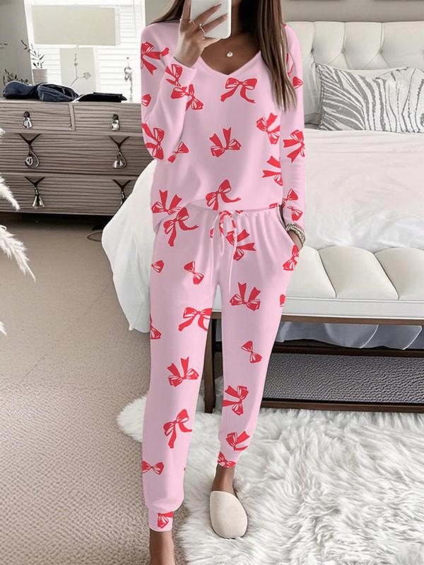 Hallie™ | Bow print V-hals lange mouwen top & tie waist broek set