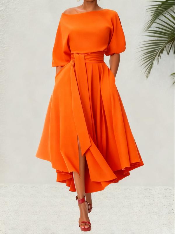 Zeby™ | Elegante dames belted bishop sleeve boat neck a-line jurk