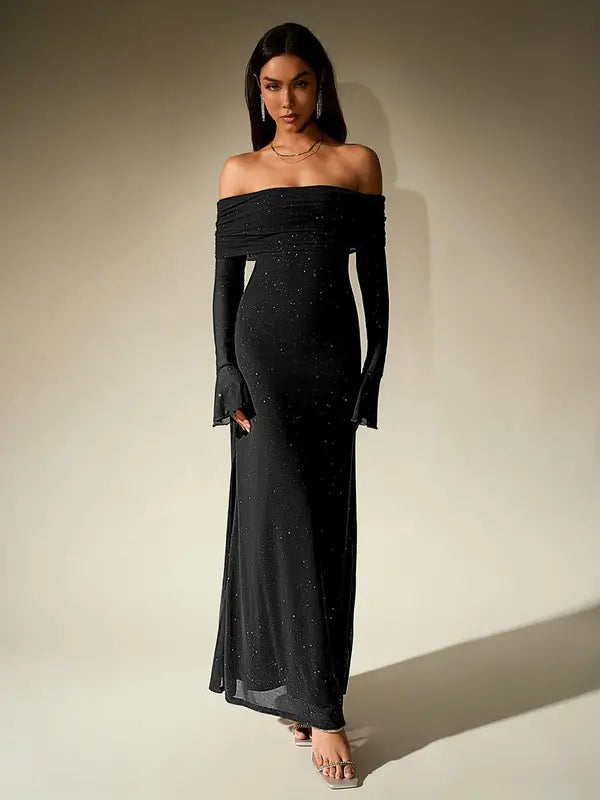 Andrea™ | Dames off-the-shoulder ruched contrast sequin bodycon jurk