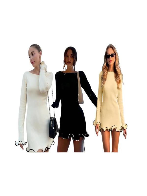 Sarah™ | Elegante colorblock wave hem a-line lange mouwen jurk