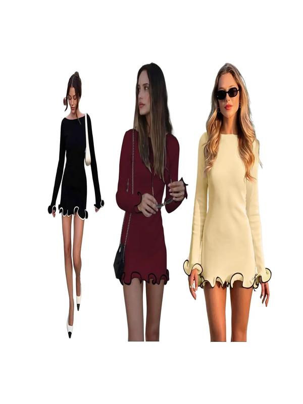 Sarah™ | Elegante colorblock wave hem a-line lange mouwen jurk