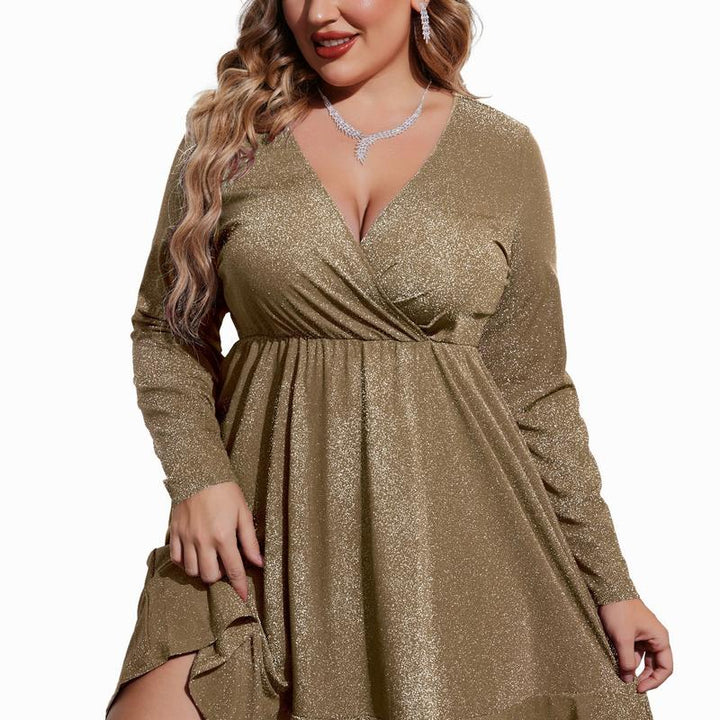Mathilde™ | Plus size glitter V-hals ruffle hem swing cocktail jurk