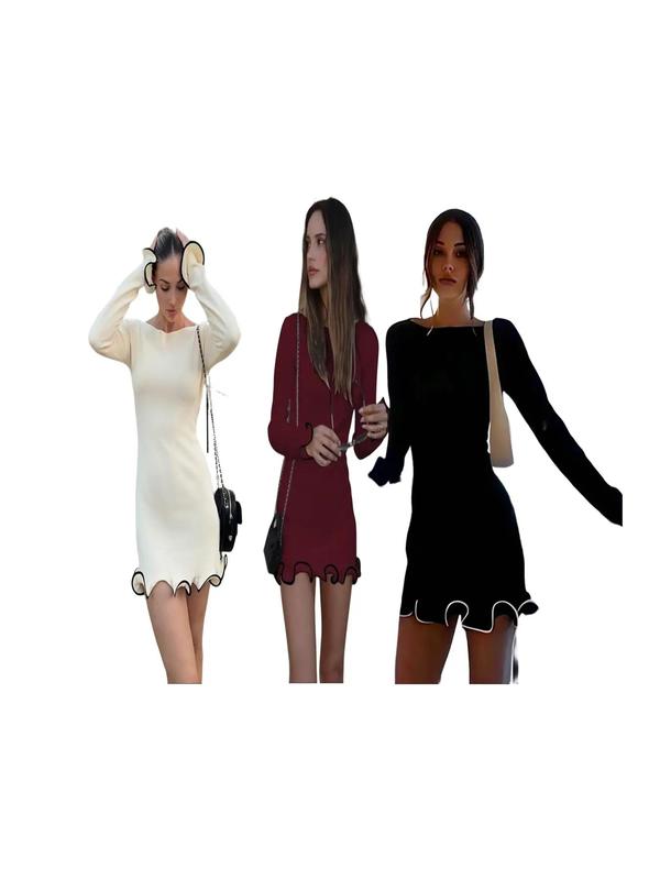 Sarah™ | Elegante colorblock wave hem a-line lange mouwen jurk