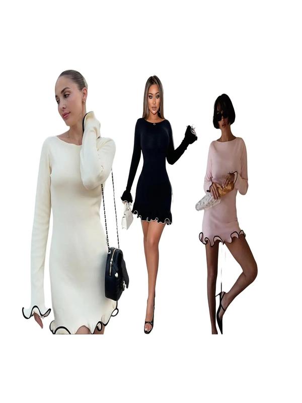 Sarah™ | Elegante colorblock wave hem a-line lange mouwen jurk