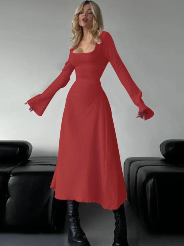 Erin™ | Sophisticated lace-up tie back flounce sleeve a-line long jurk