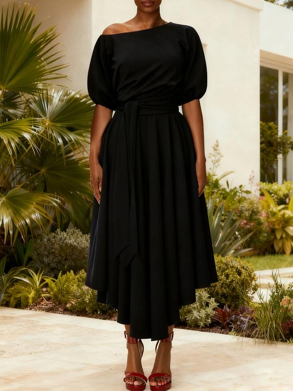 Zeby™ | Elegante dames belted bishop sleeve boat neck a-line jurk