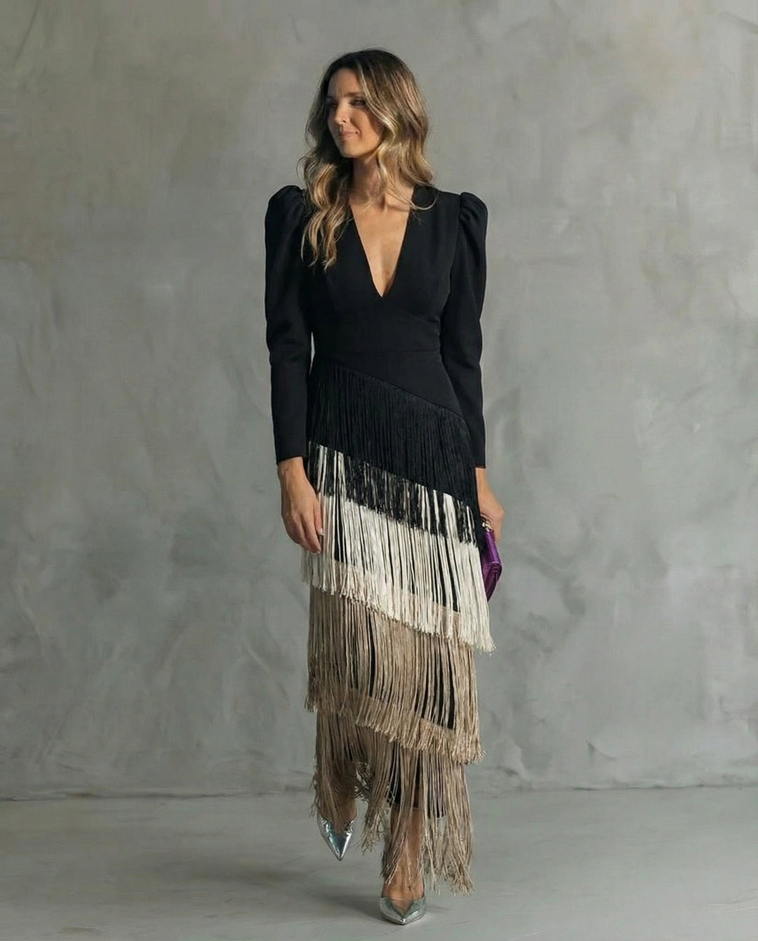 Susie | Elegante jurk with fringe sleeves